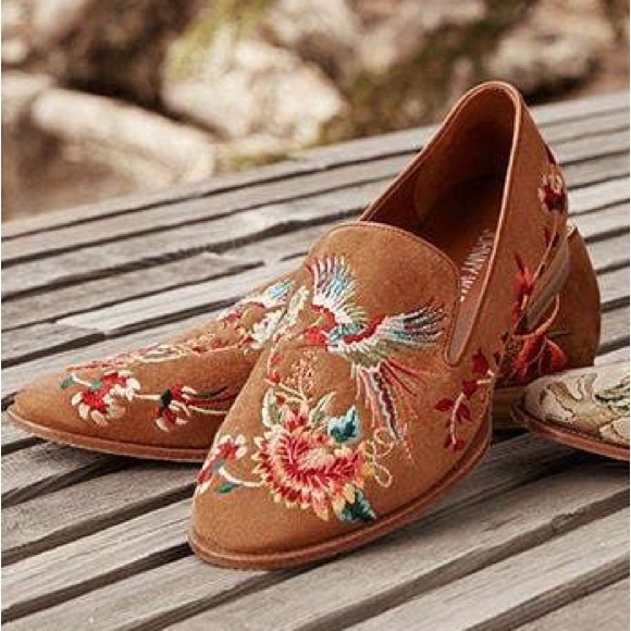 New Johnny Was Freja Embroidered Cognac Suede Leather Loafers Size 6 - Picture 2 of 16